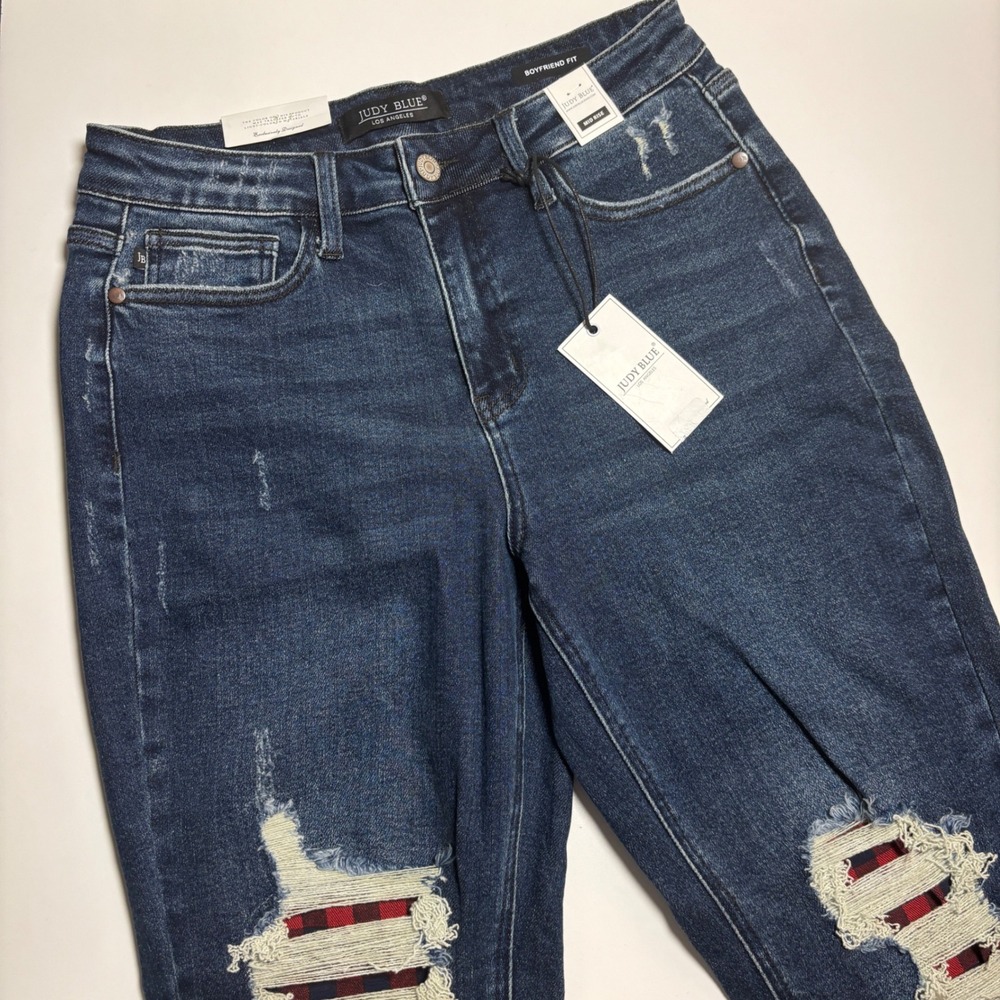 Judy Blue Boyfriend Fit Distressed Plaid Patch Mid Rise Jeans Dark Wash